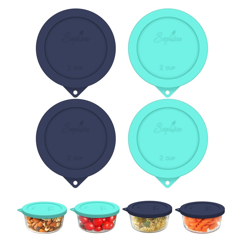 Sophico 2 Cup Round Silicone Storage Cover Lids Replacement for Anchor Hocking and Pyrex 7200-PC Glass Bowls (Container not Included) | Navy Blue-Mint | 4 Pack - Image 1